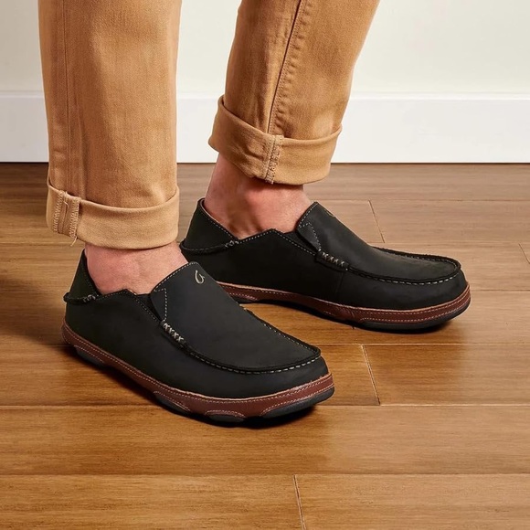 OluKai Moloa Leather Slip On Black Loafers Size 12 Men's Flat Shoes